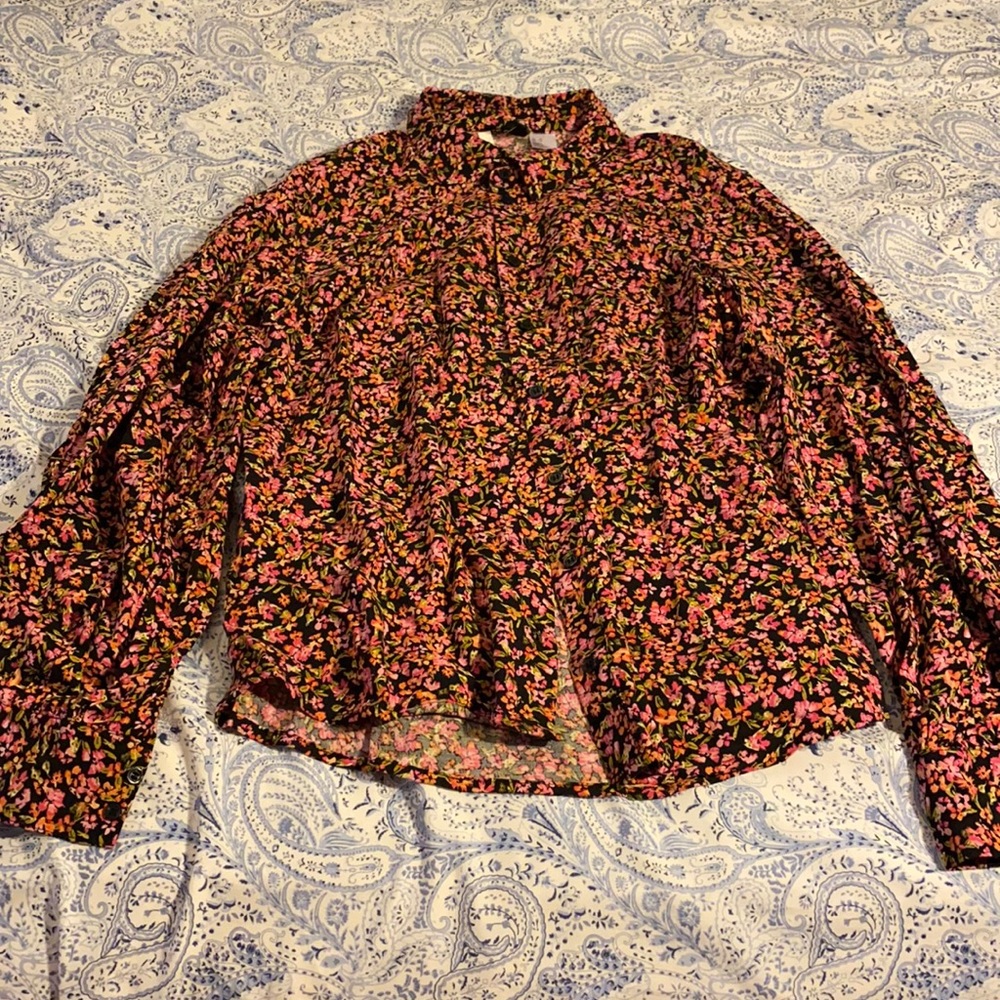 Black and pink floral button up- size XS